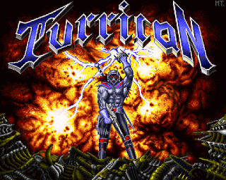 Imagen de título de TURRICAN, 1990, música de Chris Hulsbeck, Amiga