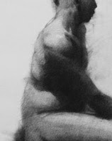A charcoal drawing of the shoulder and back.