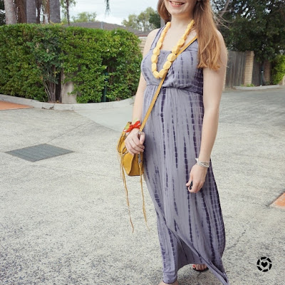 awayfromblue instagram christmas party grey tie dye maxi dress outfit colourful accessories 