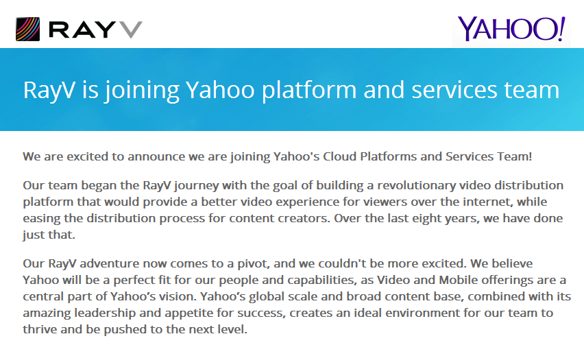 Yahoo Acquires Video Streaming Startup RayV