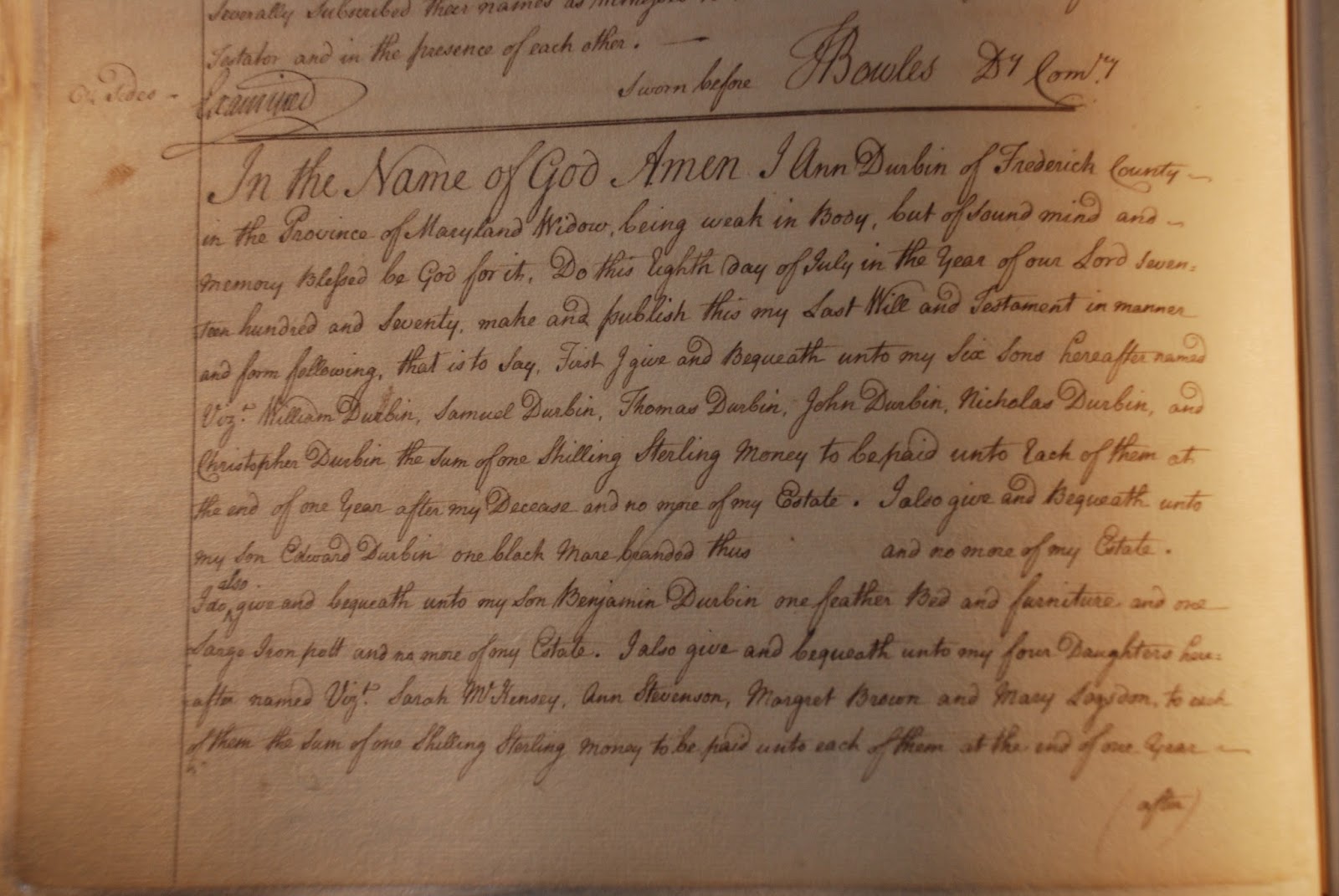 Durbin Family History Ann (Logsdon) Durbin Will 1770