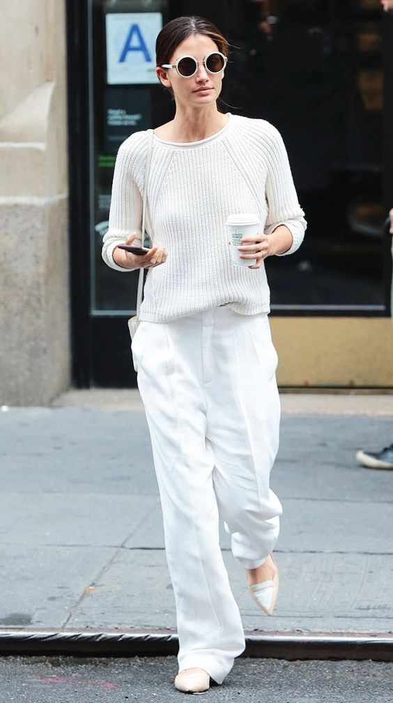 white on white sweater and linen pants chic street style