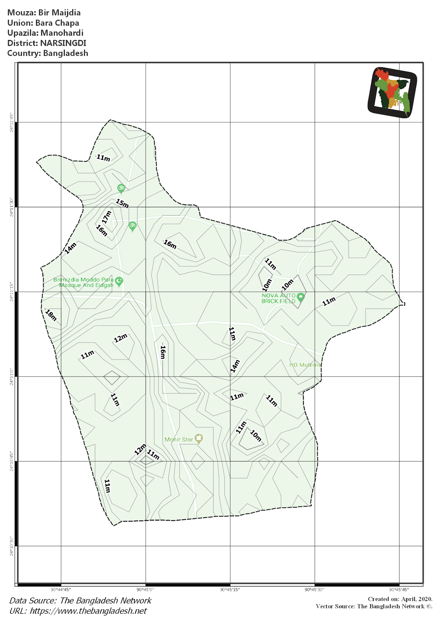 Map of Bir Maijdia Mouza of Manohardi Upazila, NARSINGDI, Bangladesh.