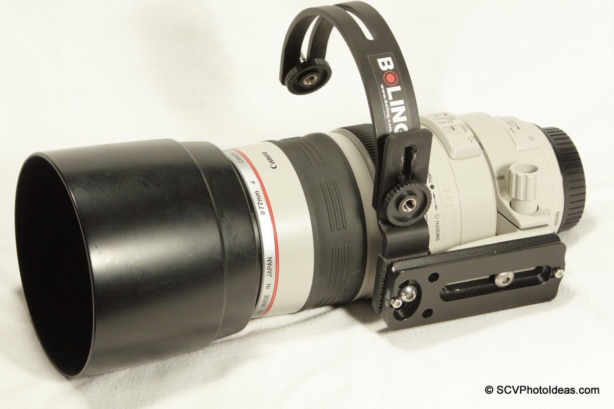 Boling C-Shape Flash Bracket screwed on LP-100 lens plate -full view