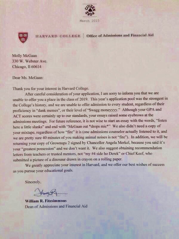 Skip's House of Chaos: Harvard Rejection Letter
