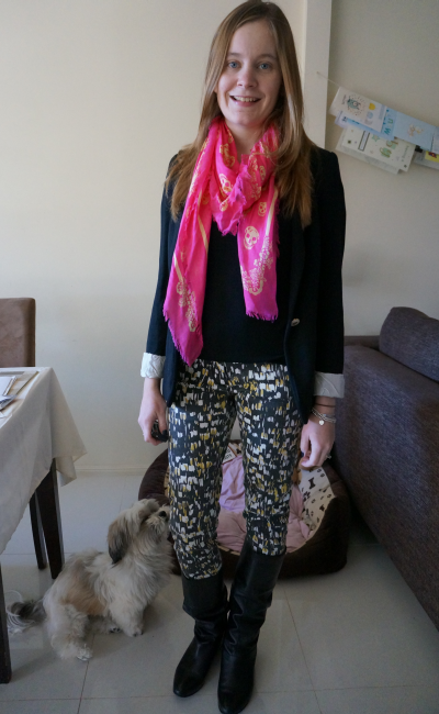 pink and yellow skull scarf sass and bide printed denim jeans blazer new parents group