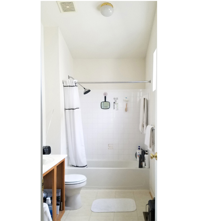 builder's grade master bathroom with honey oak cabinet vanity