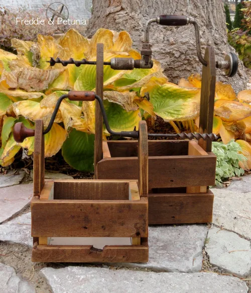 Drill handled homemade toolboxes by Freddy and Petunia, featured on I Love That Junk
