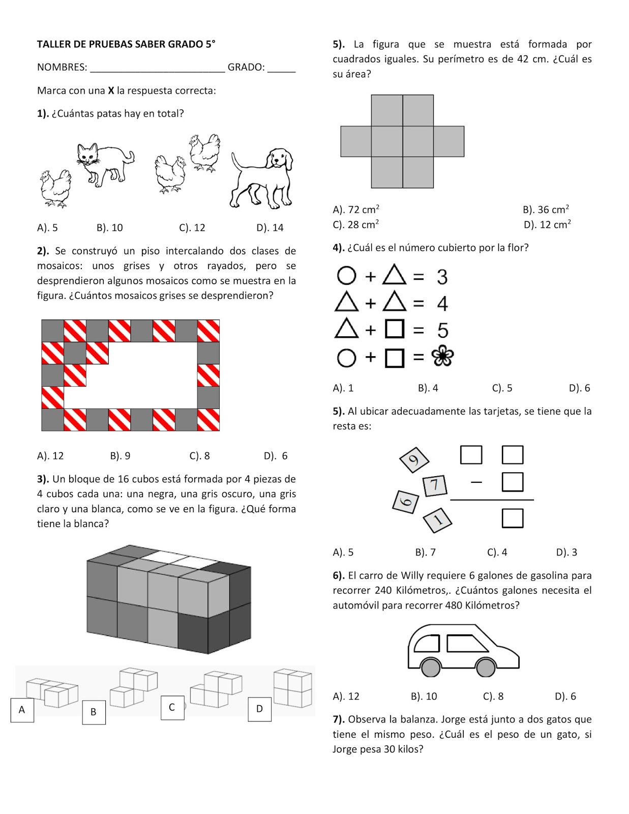 MATEMÁTICAS GRADOS 4° Y 5° SEDE FUSACATÁN TALLERES PRUEBAS SABER GRADO 5°