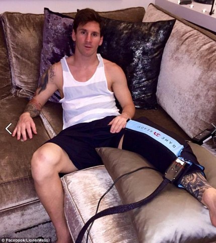 Messi recovering from his knee injury and strapped to the device called game ready which he hopes will help him recover faster from his injury.