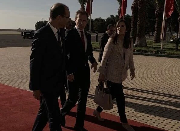 Crown Princess Mary wore Vilshenko black floral embroidered midi dress, and Notes du North lex metallic tweed blazer, Prada bag