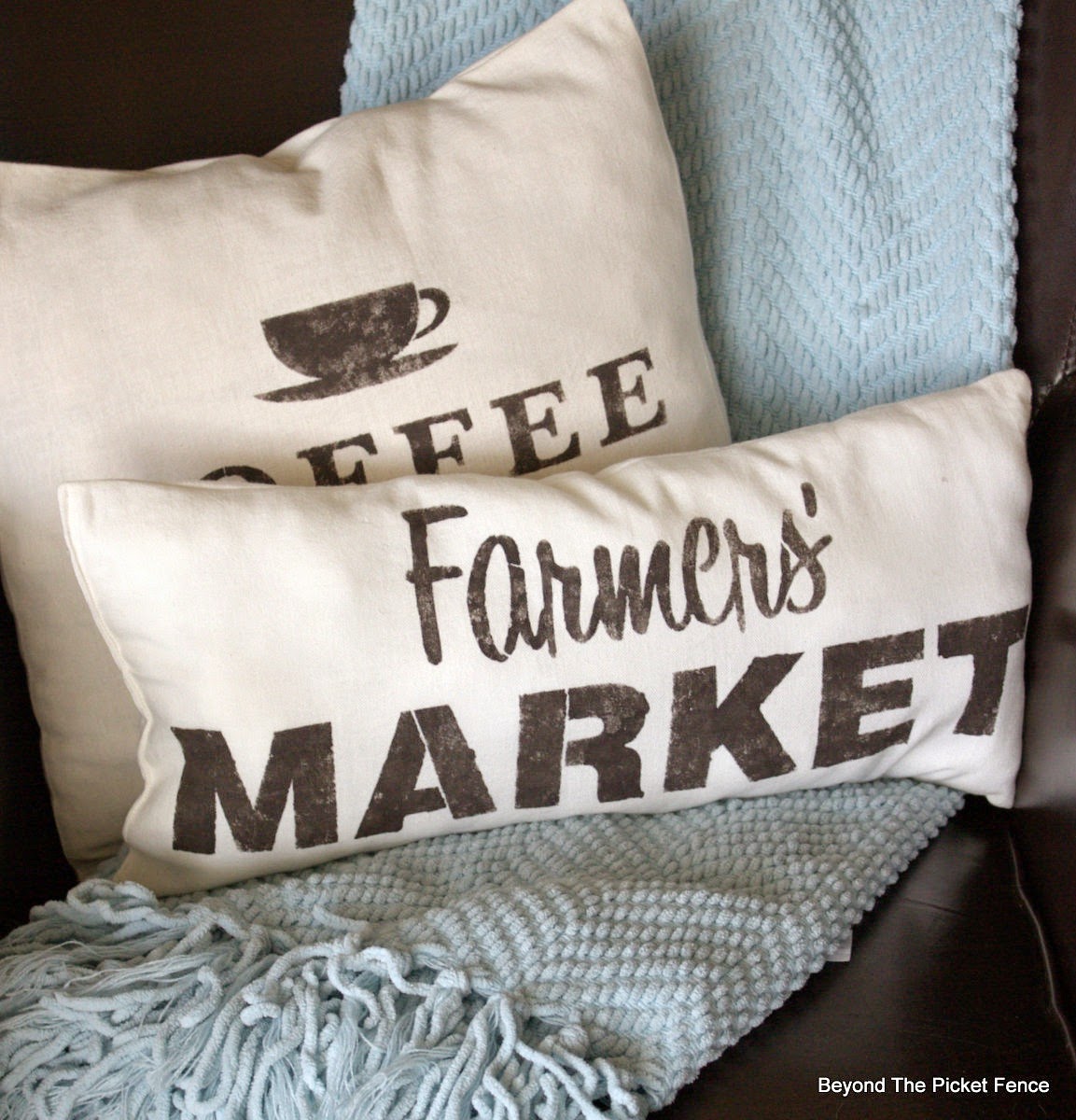 sewing, pillows, stencils, vintage, sign, coffee sign, beyond the picket fence, http://bec4-beyondthepicketfence.blogspot.com/2015/03/project-challenge-linenleather-fabric.html