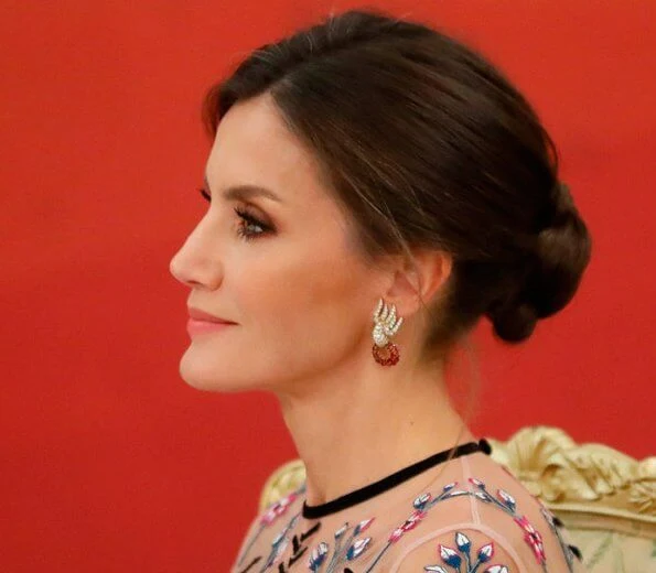 Queen Letizia wore Temperley London Eggshell floral embroidery tulle midi dress and Hugo Boss Dadoria beltedsheath dress