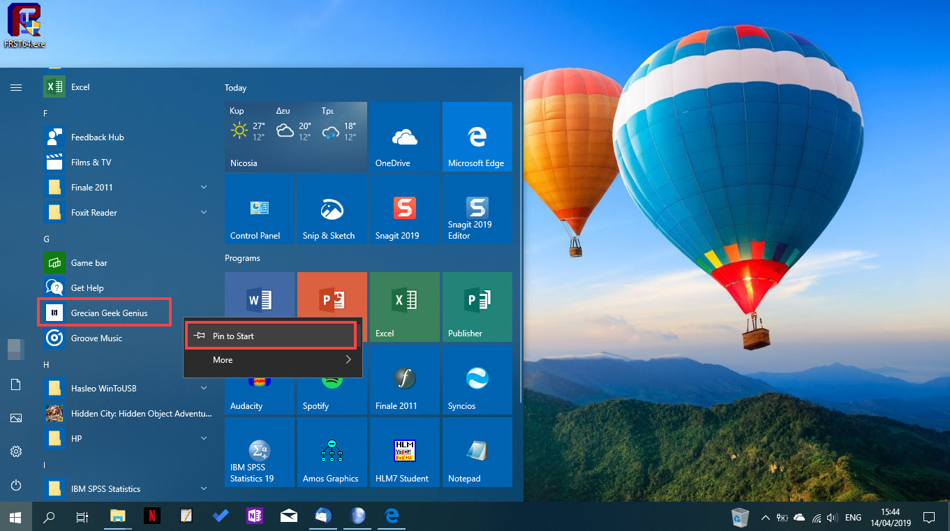 Grecian Geek Genius Καρφίτσωμα συνδέσμου στο Start Menu (Windows 10)