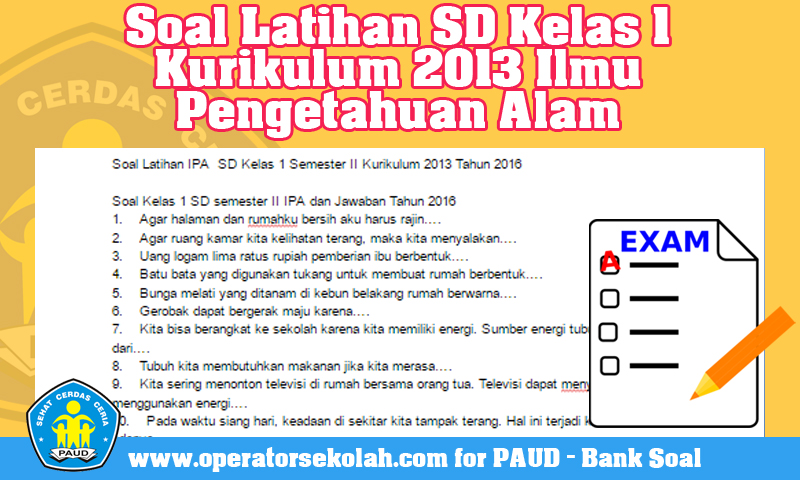 Soal Latihan SD Kelas 1 Kurikulum 2013 Ilmu Pengetahuan Alam  Operator