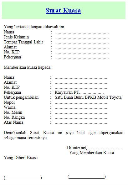 Contoh Surat Kuasa Pengambilan Bpkb Terbaru Format Ms Word