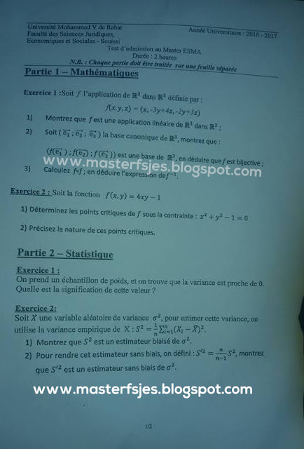 Exemple de Concours Master Économétrie Statistique et Modélisation Appliquées (ESMA) 2016-2017 - Fsjes Souissi