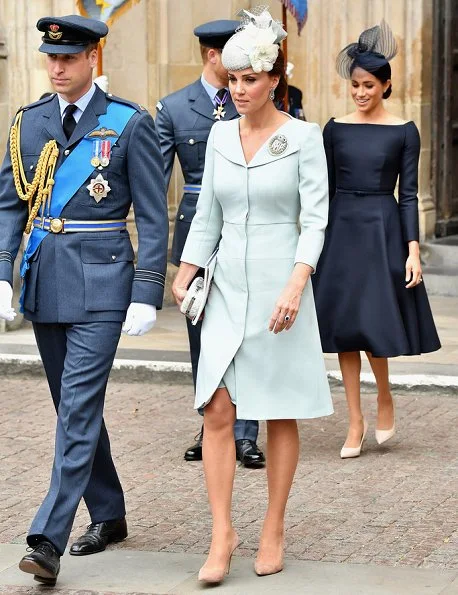 Countess Sophie wore Suzannah Wave Textured Stripe Dress, Meghan Markle wore Dior navy fit and flare dress with bateau neckline. Kate Middleton