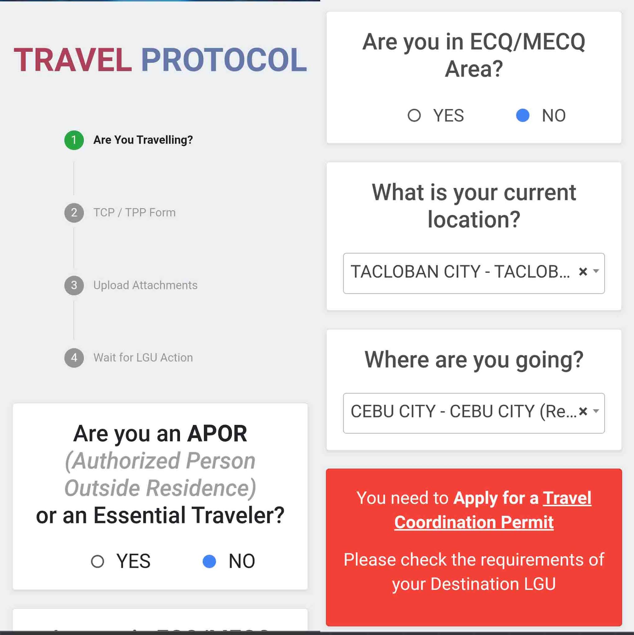 Apply only for Travel Coordination Permit (TCP) if your destination LGU
