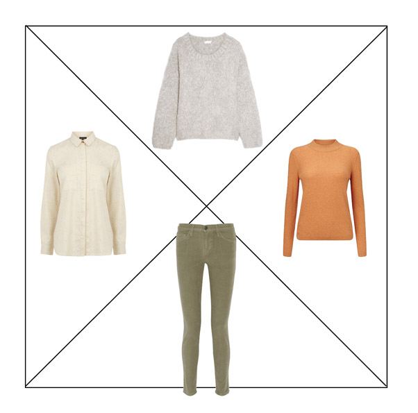 Джинсы цвета хаки, белая рубашка, оранжевая водолазка, серый свитер для капсульного гардероба в повседневном стиле Casual