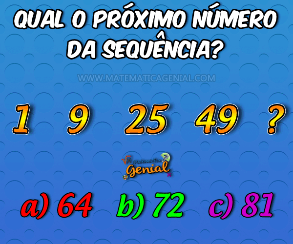 Qual é o próximo número na sequência: 1, 4, 9, 16, 25, 36