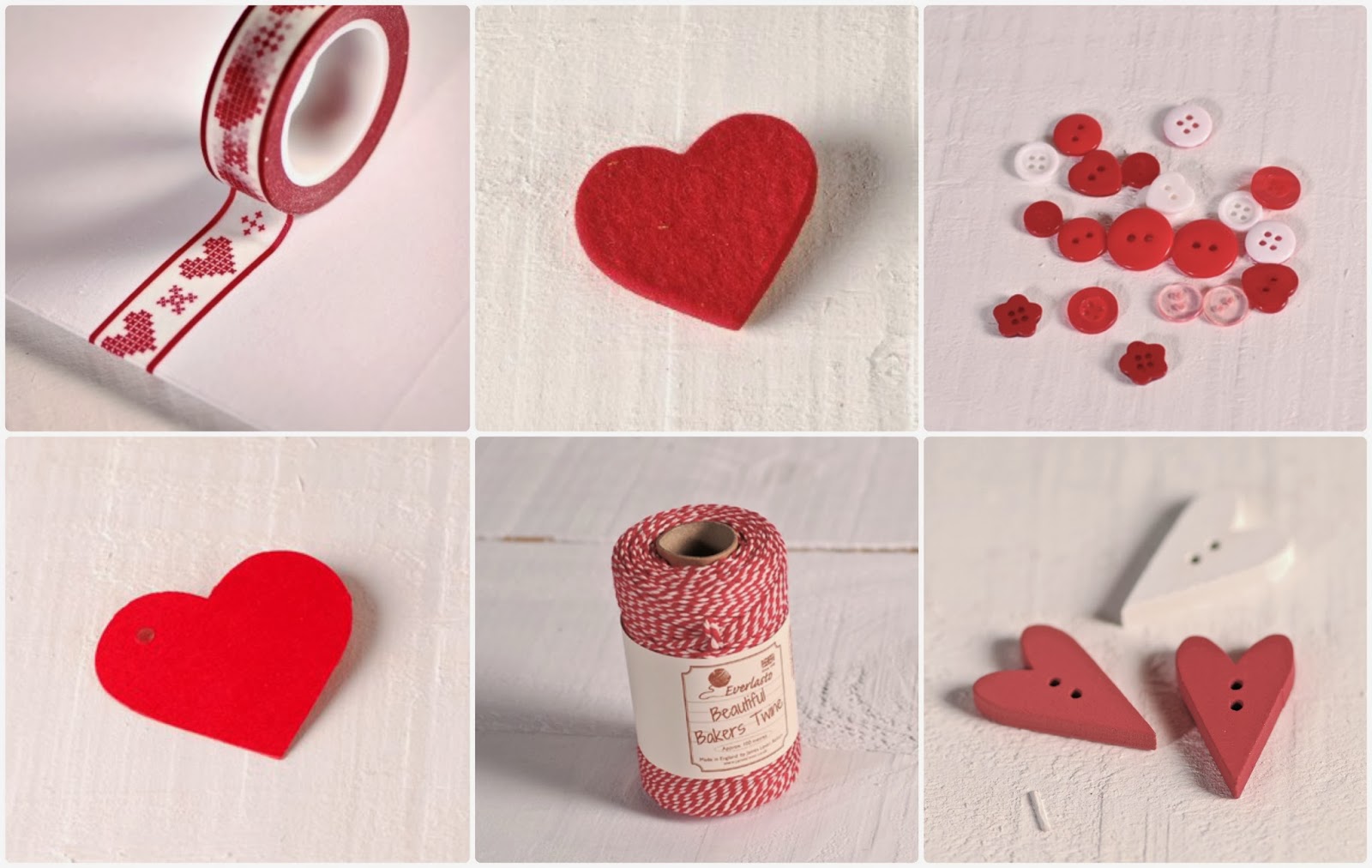 comprar regalos de san valentín, regalos de san valentín originales, dónde comprar regalos originales, botones de scrapbooking, corazones de fieltro, washi tape corazones, bakers twine rojo