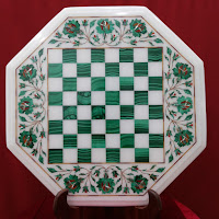 Malakite Chess Table Top in White Marble Base.