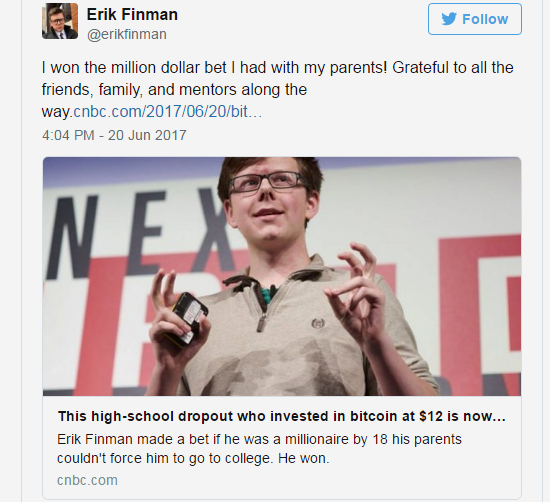 Erik Finman hizo una apuesta a sus padres ya la ganó apostando a la moneda virtual