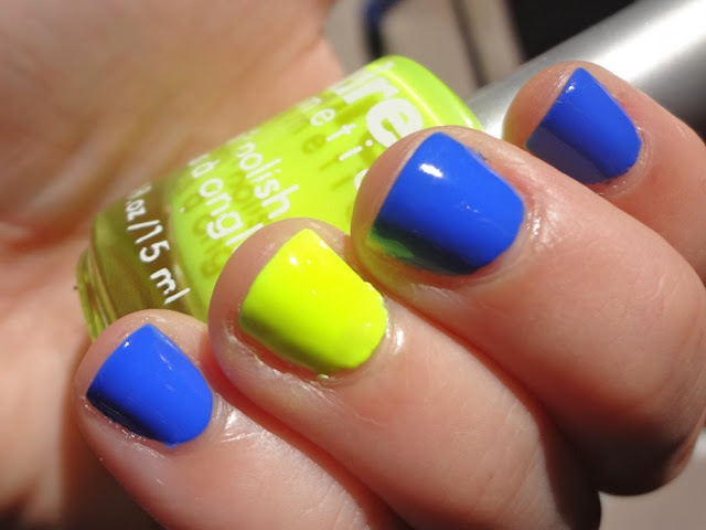 Claire's Sunshine neon yellow nail polish with Sally Hansen Pacific Blue