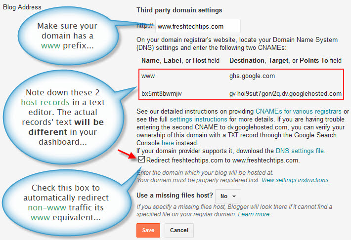 Custom domain settings in Blogger dashboard