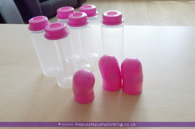 Decorated Drinks Baby Bottles for a Baby Shower at The Purple Pumpkin Blog