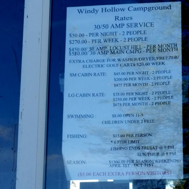 Price list of cabins, fishing, and camping fees at Windy Hollow Campgrounds