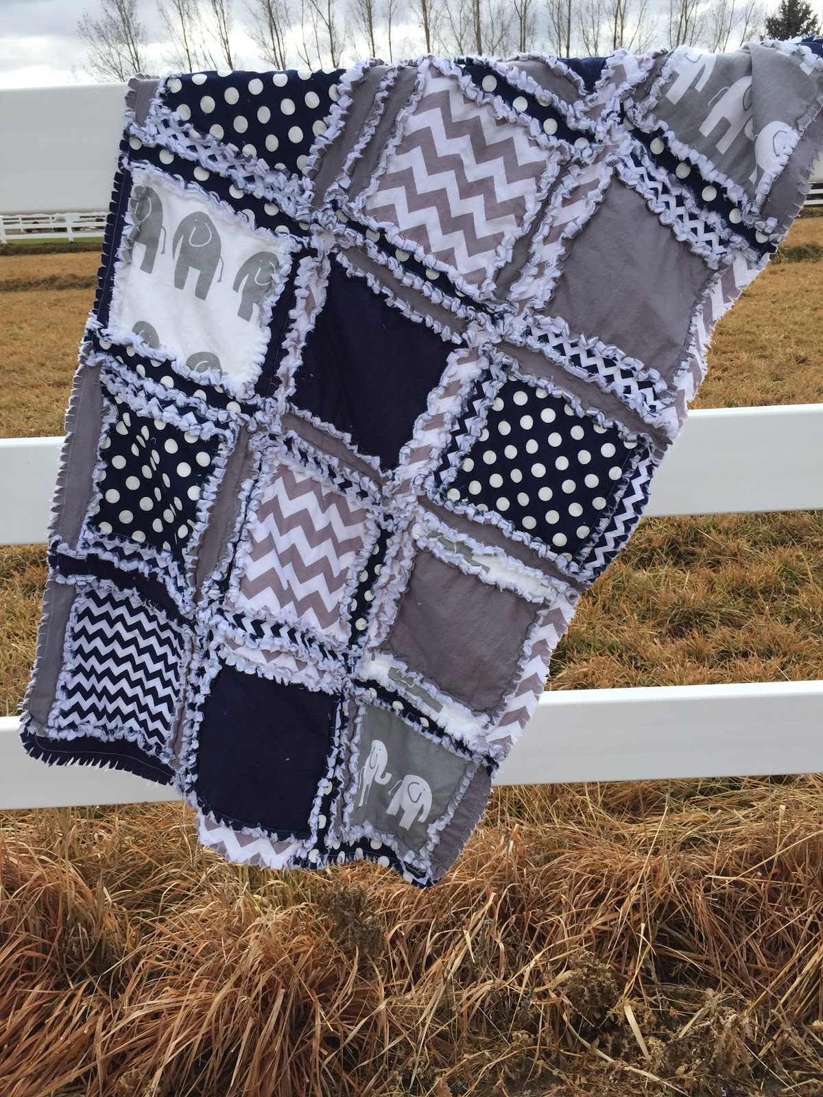 navy blue and gray elephant rag quilt for baby boy crib or toddler bed