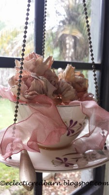 Eclectic Red Barn: Cup & Saucer Bird Feeder with silk flowers