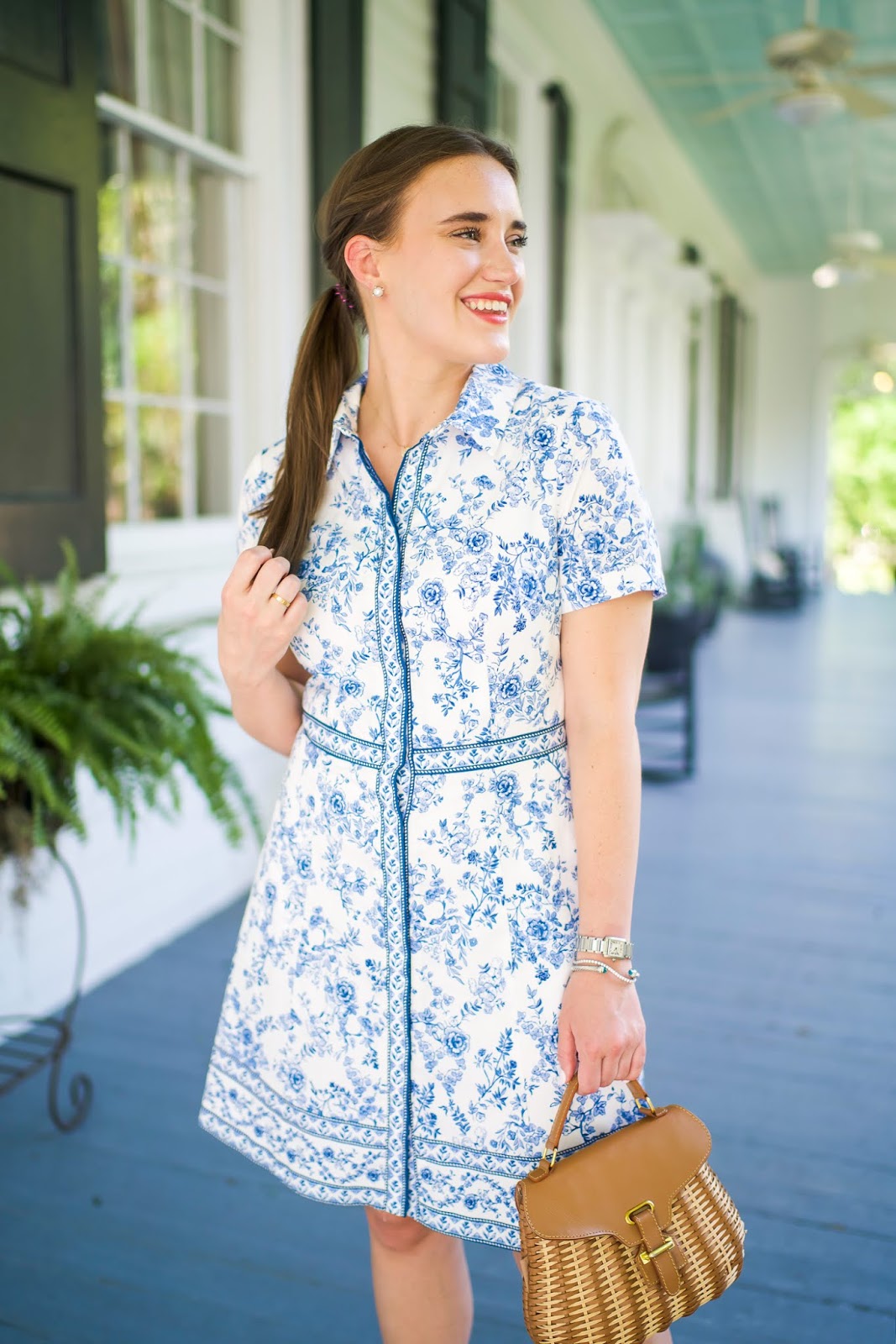 Toile floral shirt dress styled by popular New York fashion blogger Covering the Bases