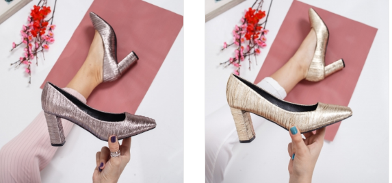 Pantofi aurii, argintii cu toc gros casual-eleganti moderni 2019 Pantofi aurii, argintii cu toc gros casual-eleganti moderni 2019