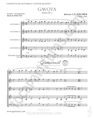   Gavota Partitura de Cuarteto de Guitarra de Johann C.F. Fischer Partitura a cuatro guitarras y partitura de guitarra bajo Suite IV Guitar Sheet Music for Cuartet Quartet