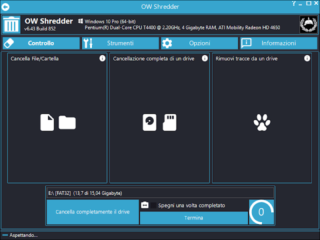 OW Shredder schermata per cancellare file o unità