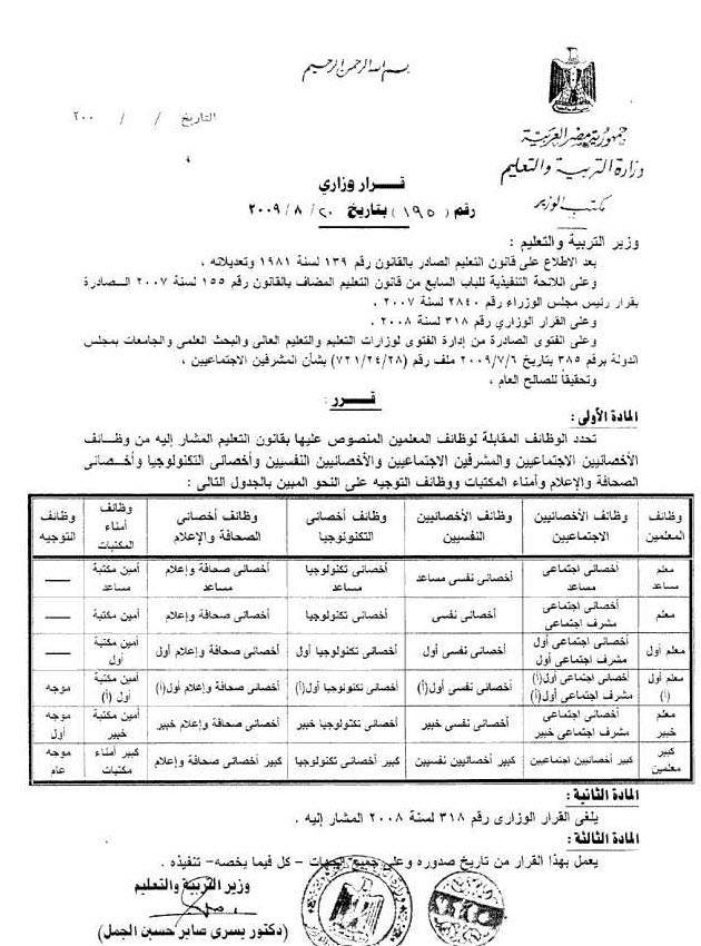 القرار الوزارى رقم 195  .. بشأن تحديد الوظائف المقابلة لوظائف المعلمين المنصوص عليها بقانون التعليم  14777