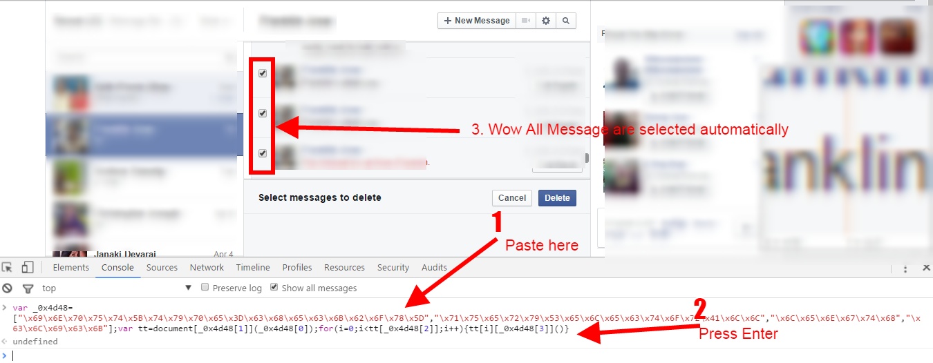 Delete all facebook messages at once