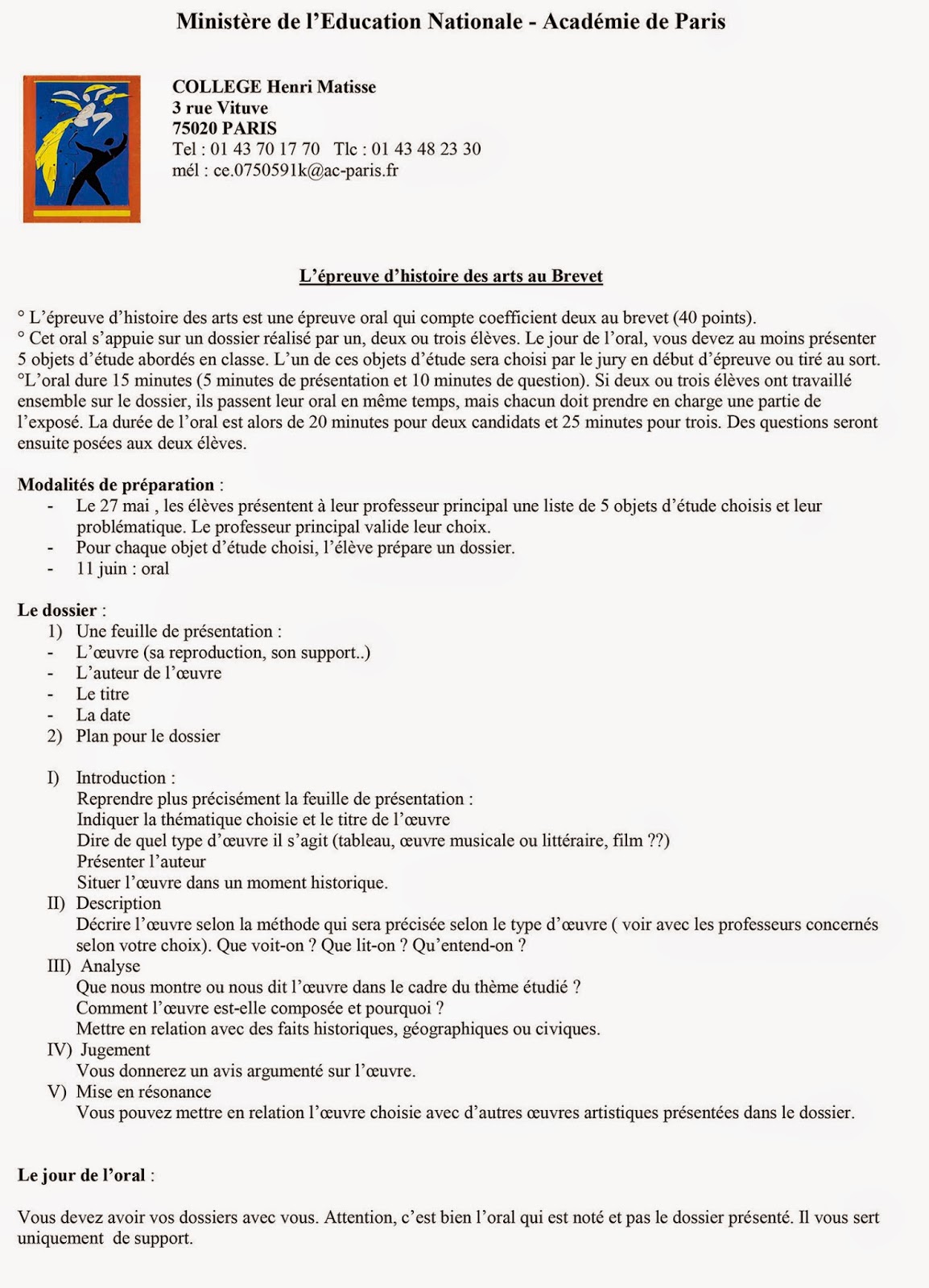 Comment Faire Un Oral De Brevet Sur Son Stage Parents Collège Henri Matisse Paris 20: Infos pour les 3èmes