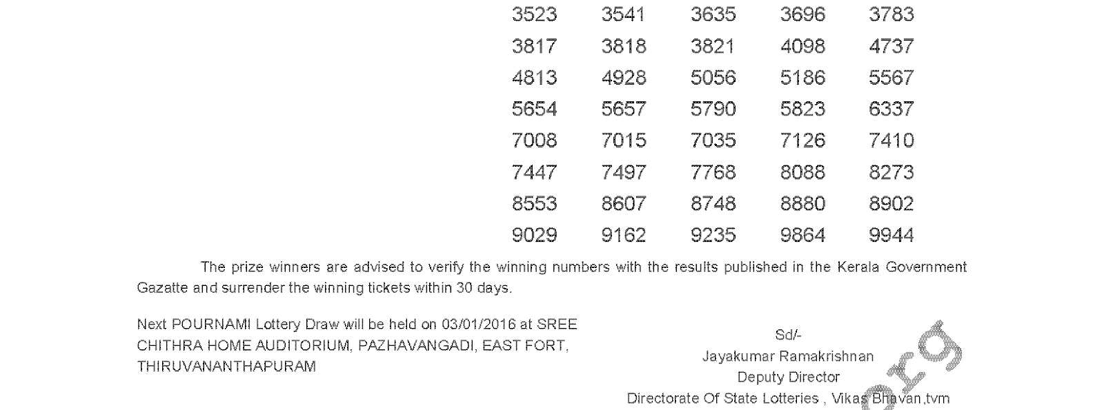 POURNAMI Lottery RN 217 Result 27-12-2015