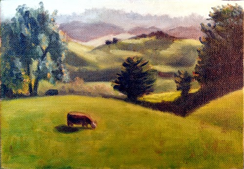 Oil painting of rolling hills framed by trees, with a brown cow in the foreground.