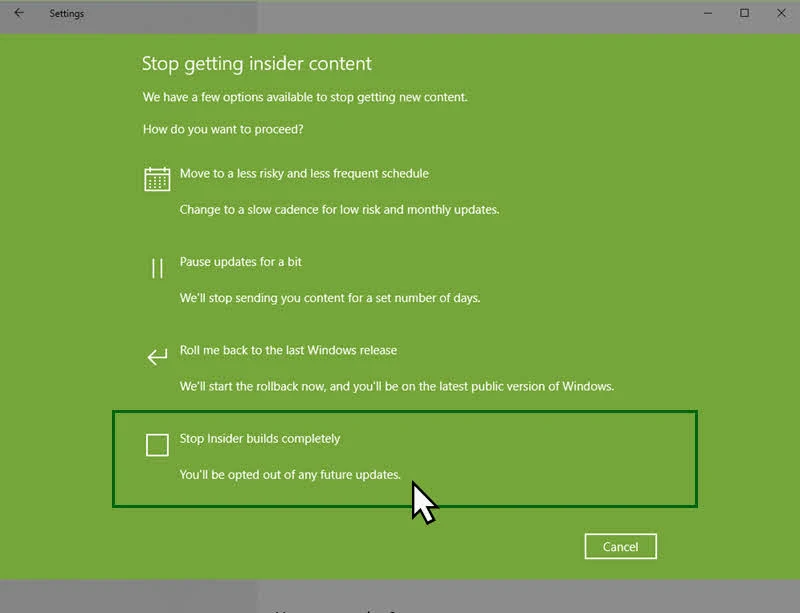 How to stop receiving insiders preview build on Windows 10?