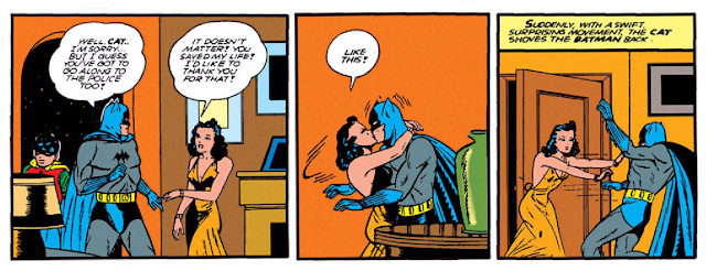 Batman (1940) #3 Page 51 Panels 5-7: Catwoman segues a thank you kiss into an escape from Batman's clutches.