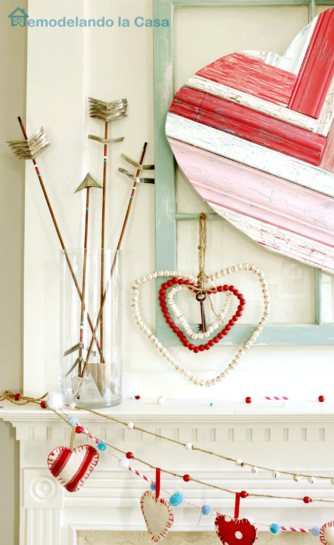 arrows, beaded hearts and molding heart art valentine mantel
