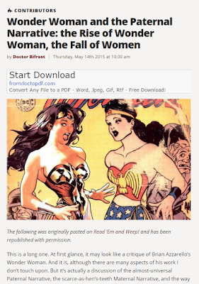 Screen capture of the top of an article from Doctor Bifrost titled "Wonder woman and the Paternal Narrative: The Rise of Wonder Woman, the Fall of Women" from the 14 of May, 2015 found on The Mary Sue