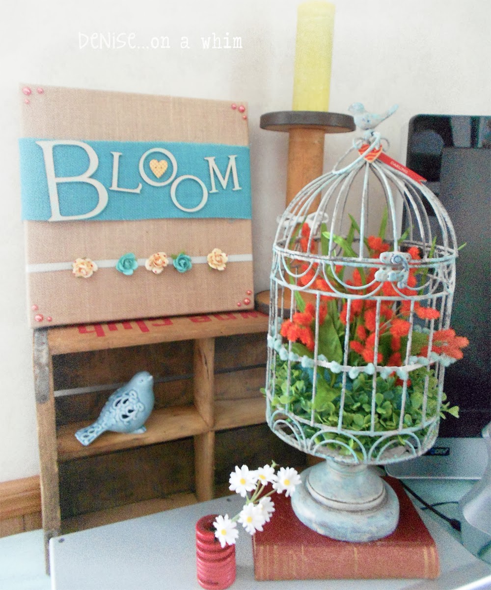 Spring Birdcage and Bloom Burlap Canvas via http://deniseonawhim.blogspot.com