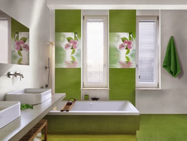 Salle de bain zen verte et blanche avec carrelage floral Novogres