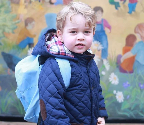Prince William,and Kate Middleton have released two photographs to mark the occasion. They show Prince George standing in front of the mural on the outside of the nursery building